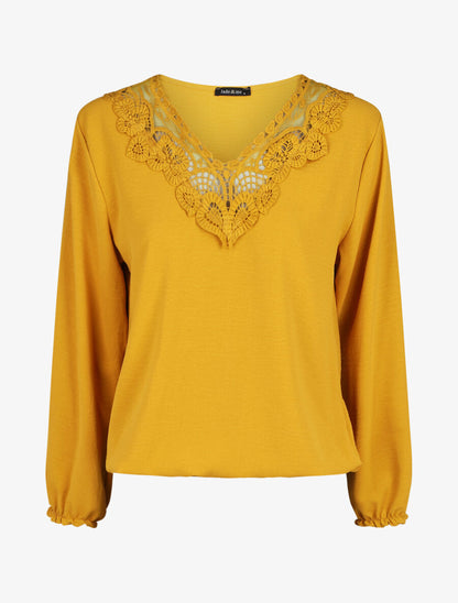Top élastiqué col V en dentelle - Jaune - 1