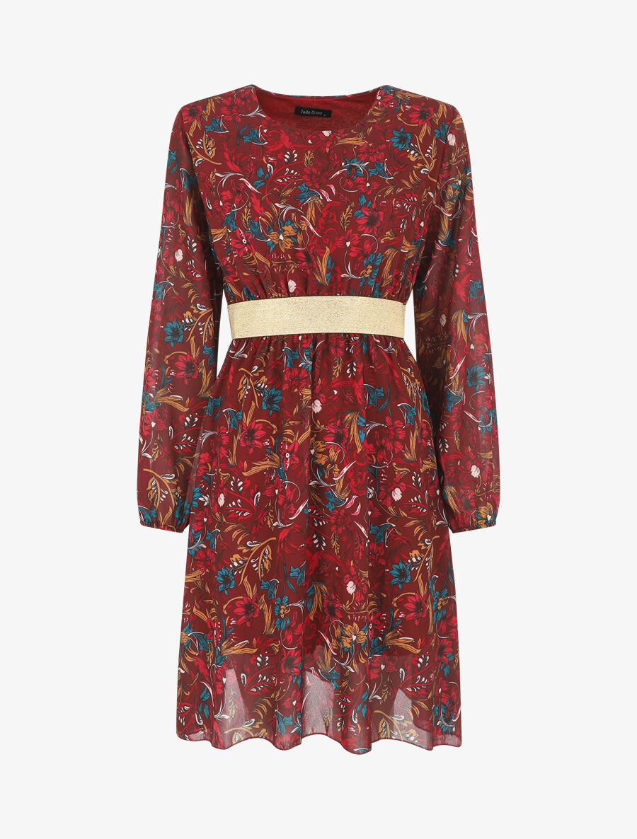 Robe imprimé fleuri à bande dorée - Bordeaux - 1