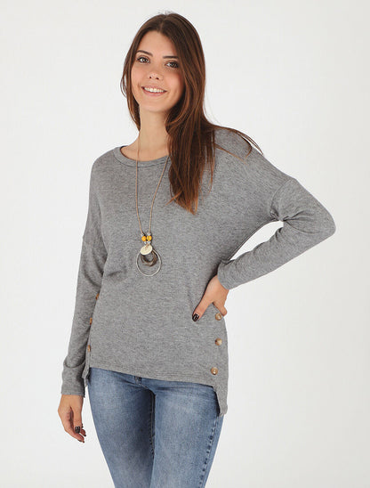Pull fin uni à col rond - Gris - 4