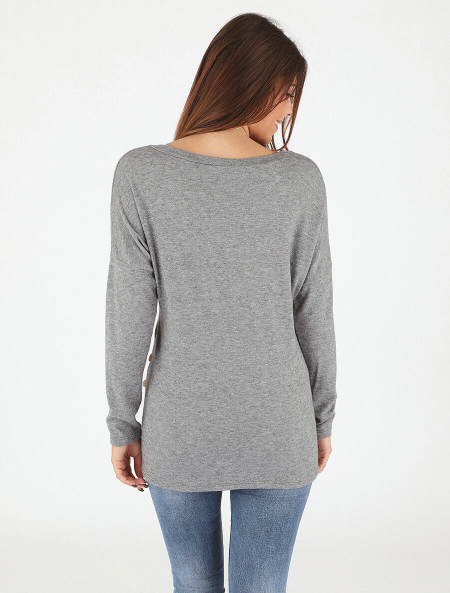 Pull fin uni à col rond - Gris - 5