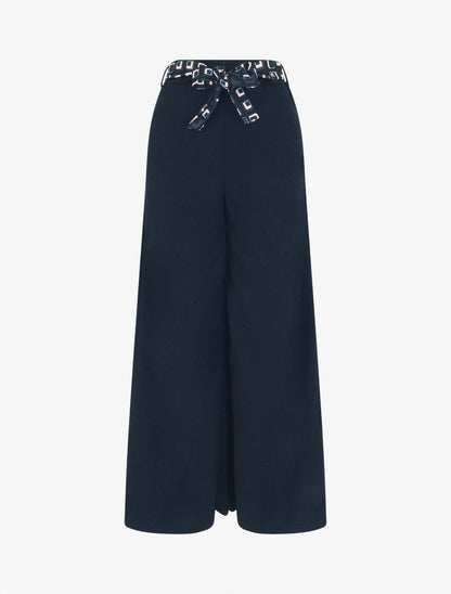 Pantalon ample taille haute uni - Marine - 1