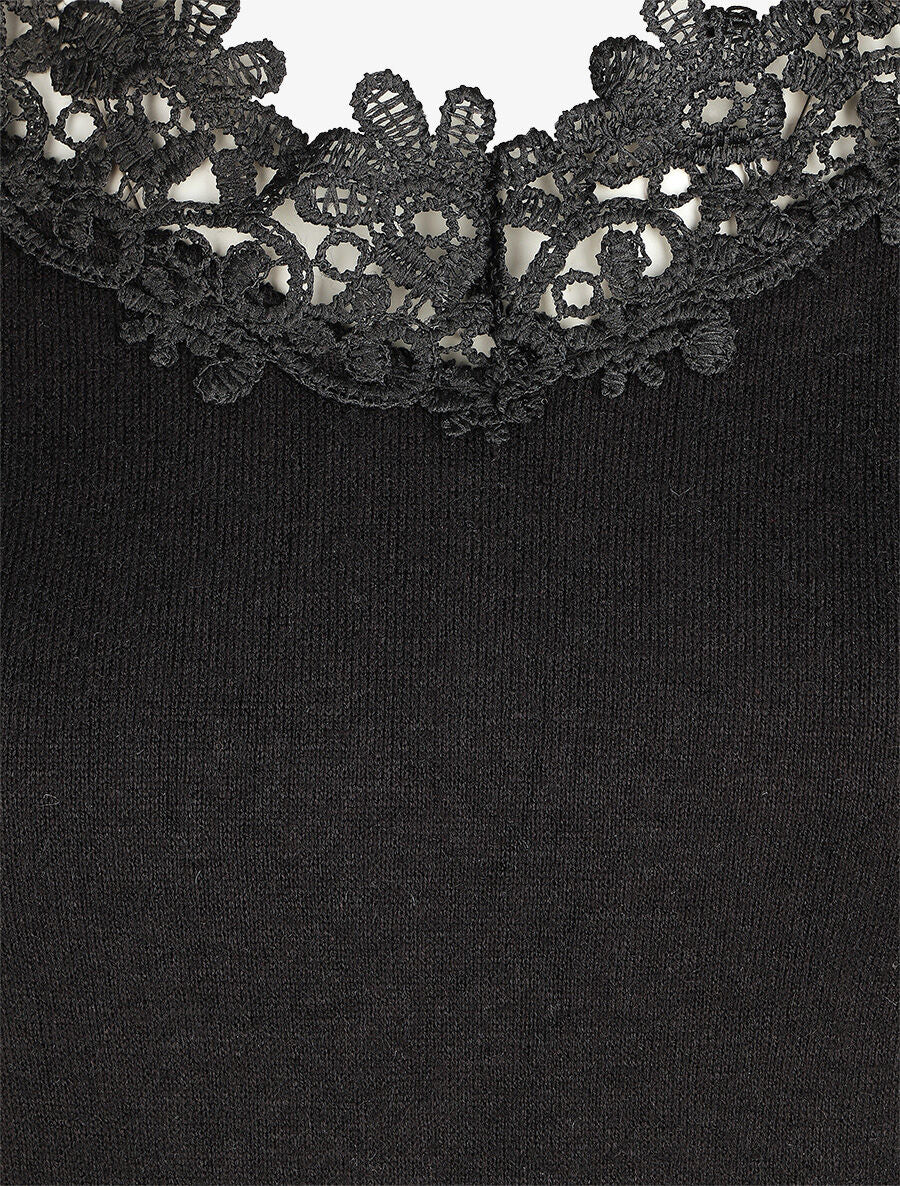 Pull fin droit col bateau en crochet - Noir - 3
