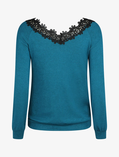 Pull fin droit col bateau en crochet - Bleu canard - 2