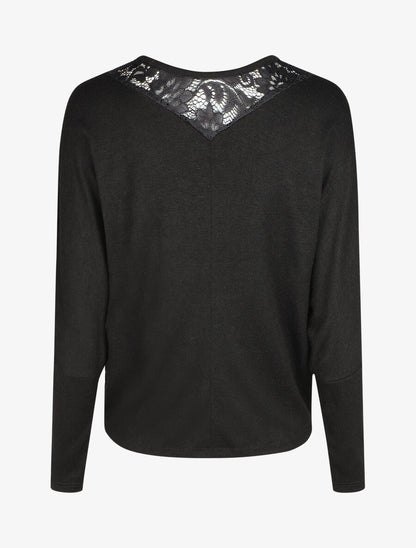 Pull droit col en dentelle et manches longues - Noir - 2