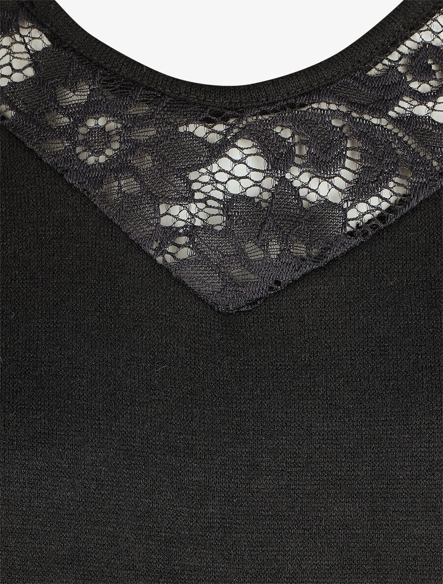 Pull droit col en dentelle et manches longues - Noir - 3