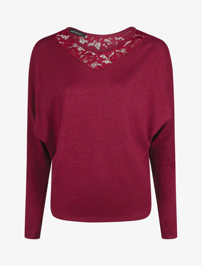 Pull droit col en dentelle et manches longues - Bordeaux - 1