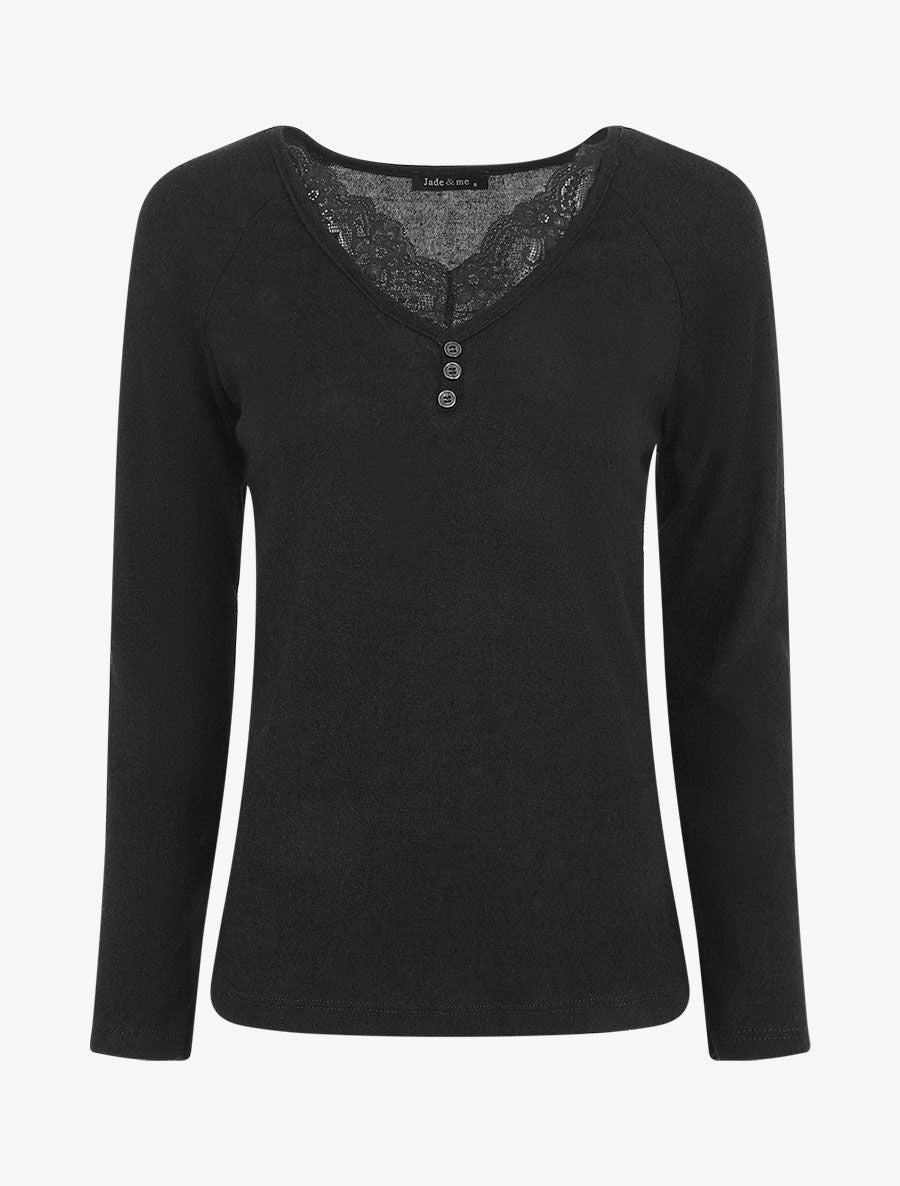 Pull droit uni col V en dentelle - Noir - 1