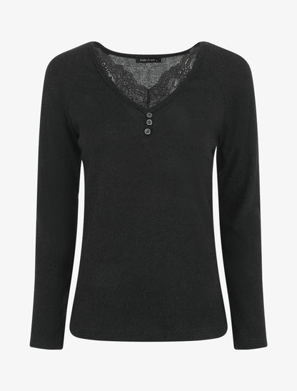 Pull droit uni col V en dentelle - Noir - 1