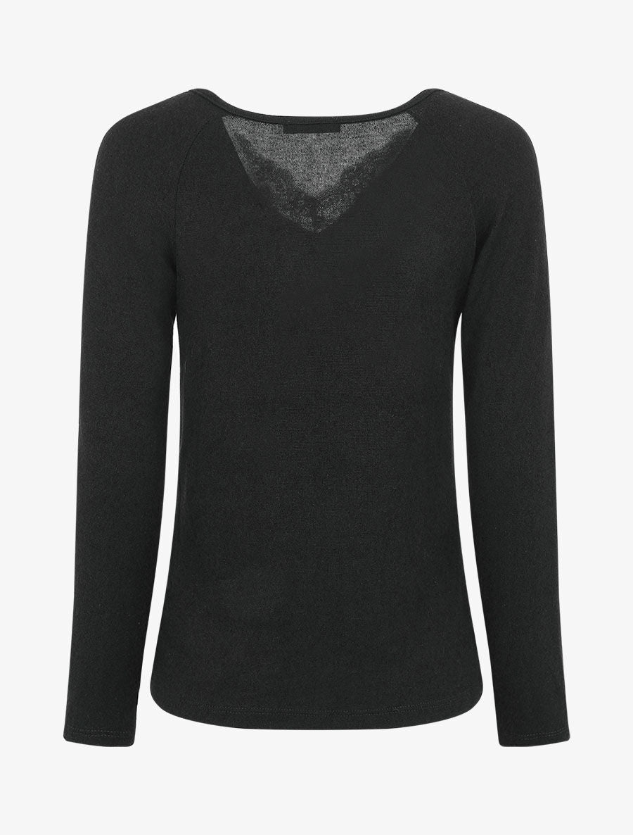 Pull droit uni col V en dentelle - Noir - 2