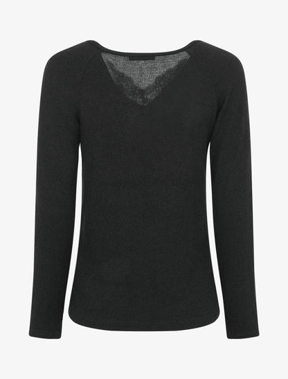 Pull droit uni col V en dentelle - Noir - 2