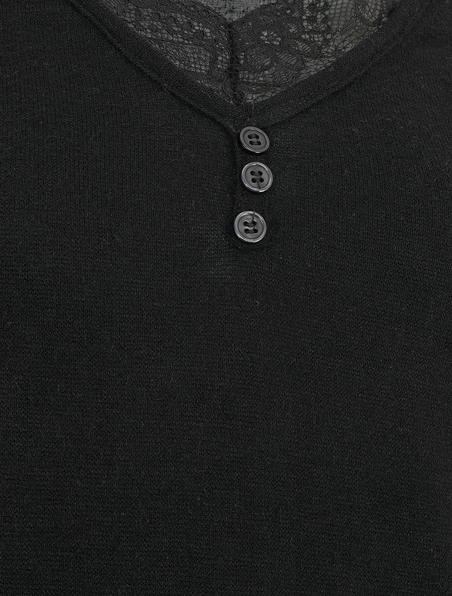 Pull droit uni col V en dentelle - Noir - 3
