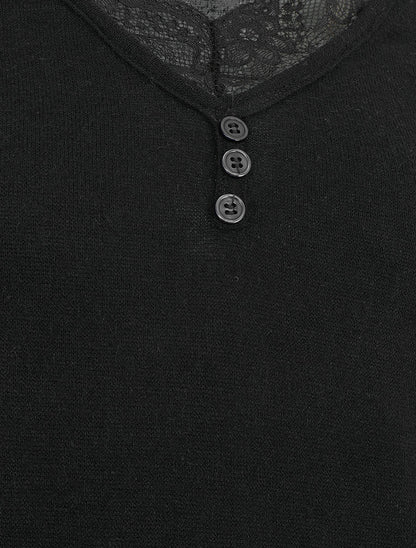 Pull droit uni col V en dentelle - Noir - 3
