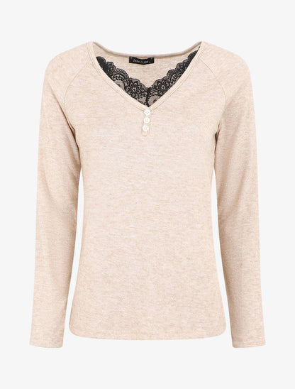 Pull droit uni col V en dentelle - Beige - 4