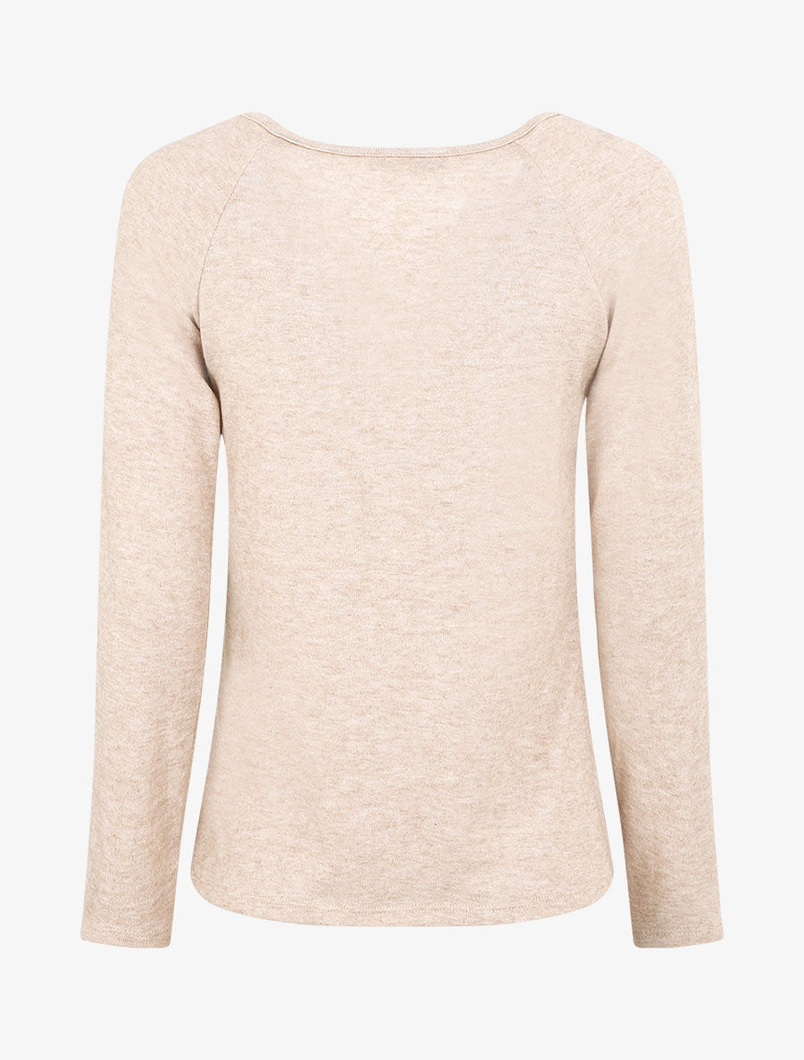 Pull droit uni col V en dentelle - Beige - 2
