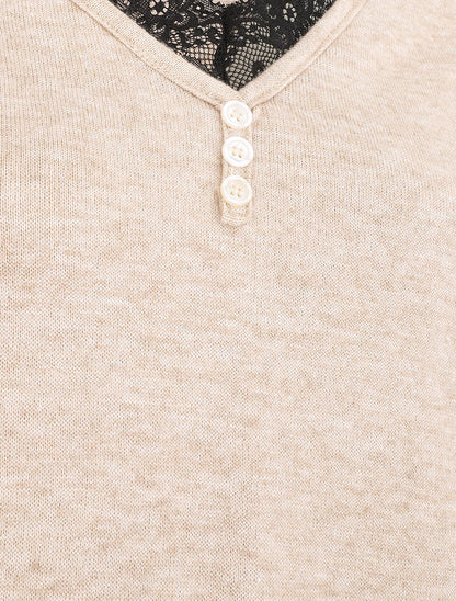 Pull droit uni col V en dentelle - Beige - 3