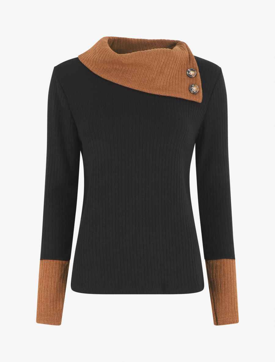 Pull côtelé droit col asymétrique - Noir/camel - 1