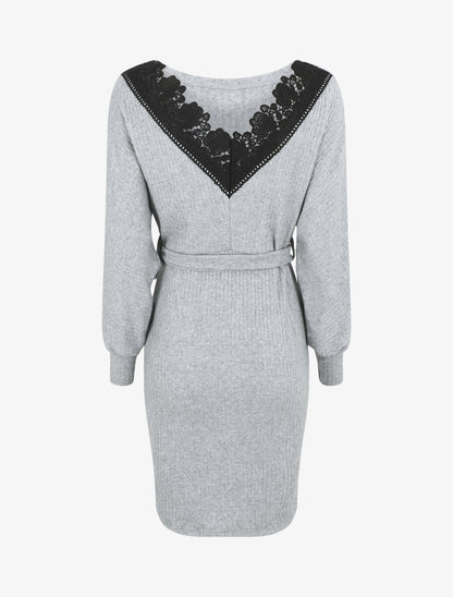 Robe pull ajustée dos en V dentelle - Gris - 2