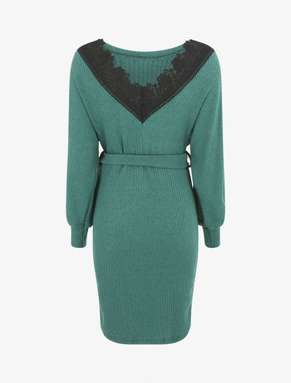 Robe pull ajustée dos en V dentelle - Vert - 2