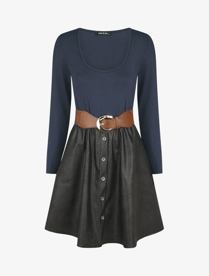 Robe bi-matière courte évasée simili - Marine - 6