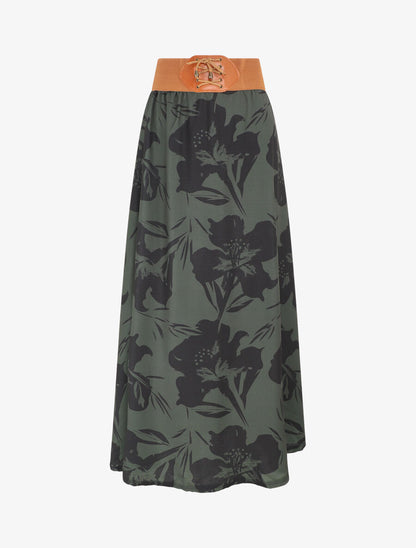 Jupe longue à taille haute imprimé floral - Kaki - 1