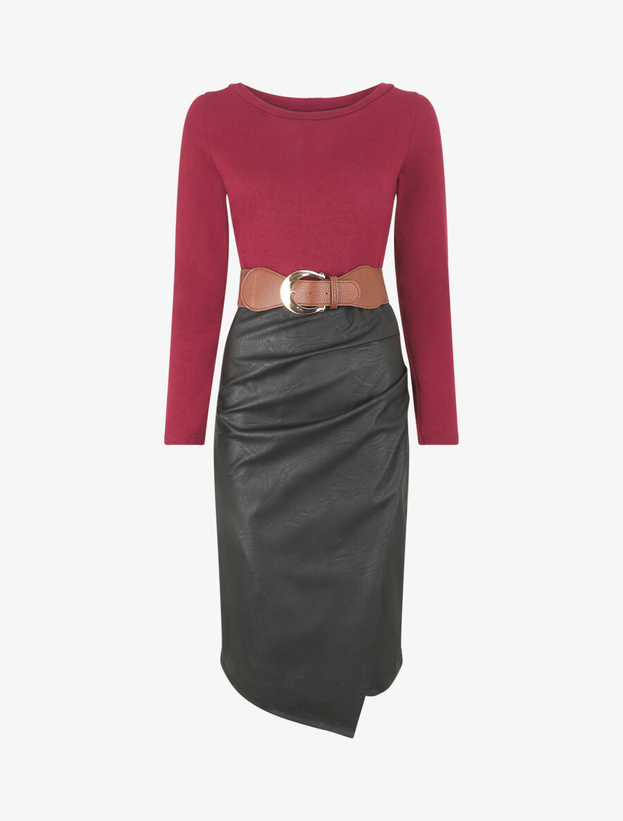 Robe bi-matière effet drapé - Bordeaux - 1