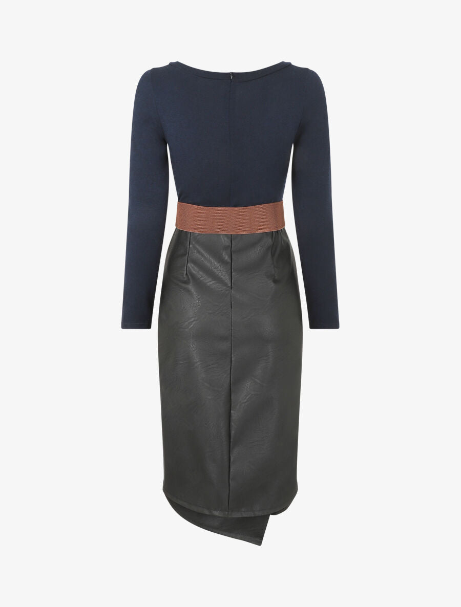 Robe bi-matière effet drapé - Marine - 2