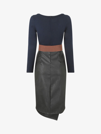 Robe bi-matière effet drapé - Marine - 2