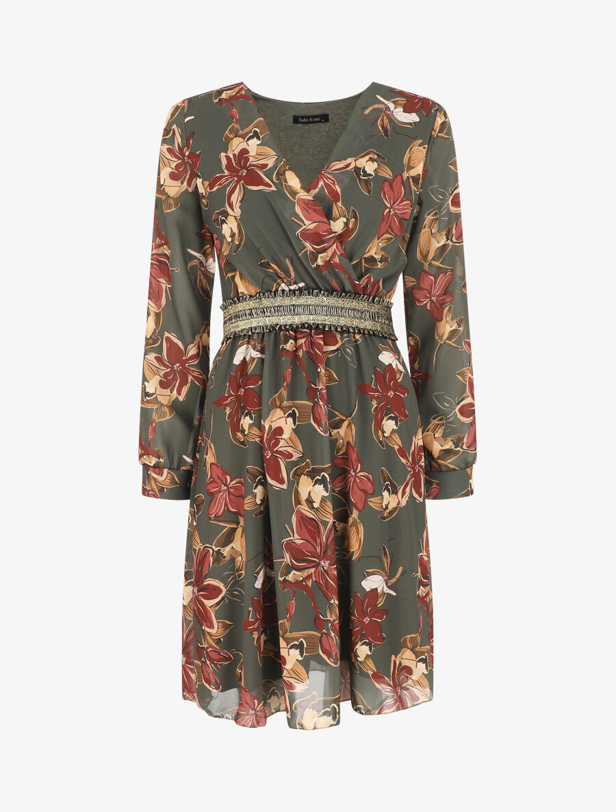 Robe courte évasée motif fleuri - Kaki - 6