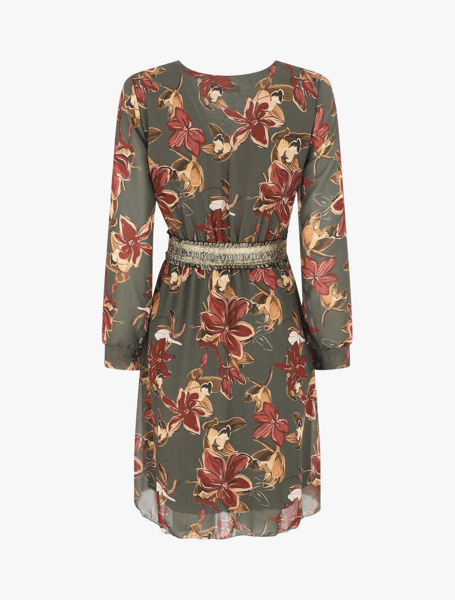 Robe courte évasée motif fleuri - Kaki - 2