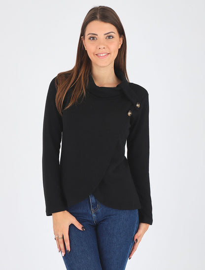 Pull droit col roulé et boutons - Noir - 4