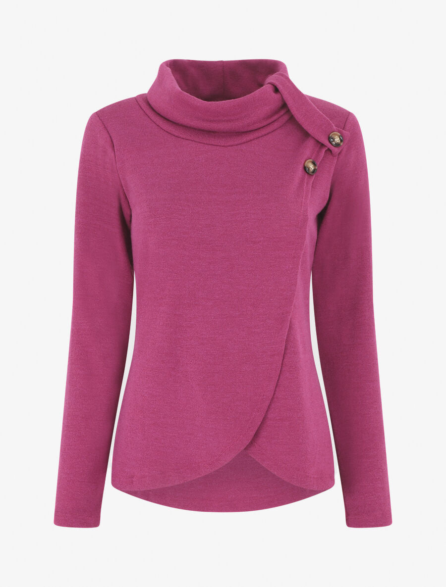 Pull droit col roulé et boutons - Violine - 1