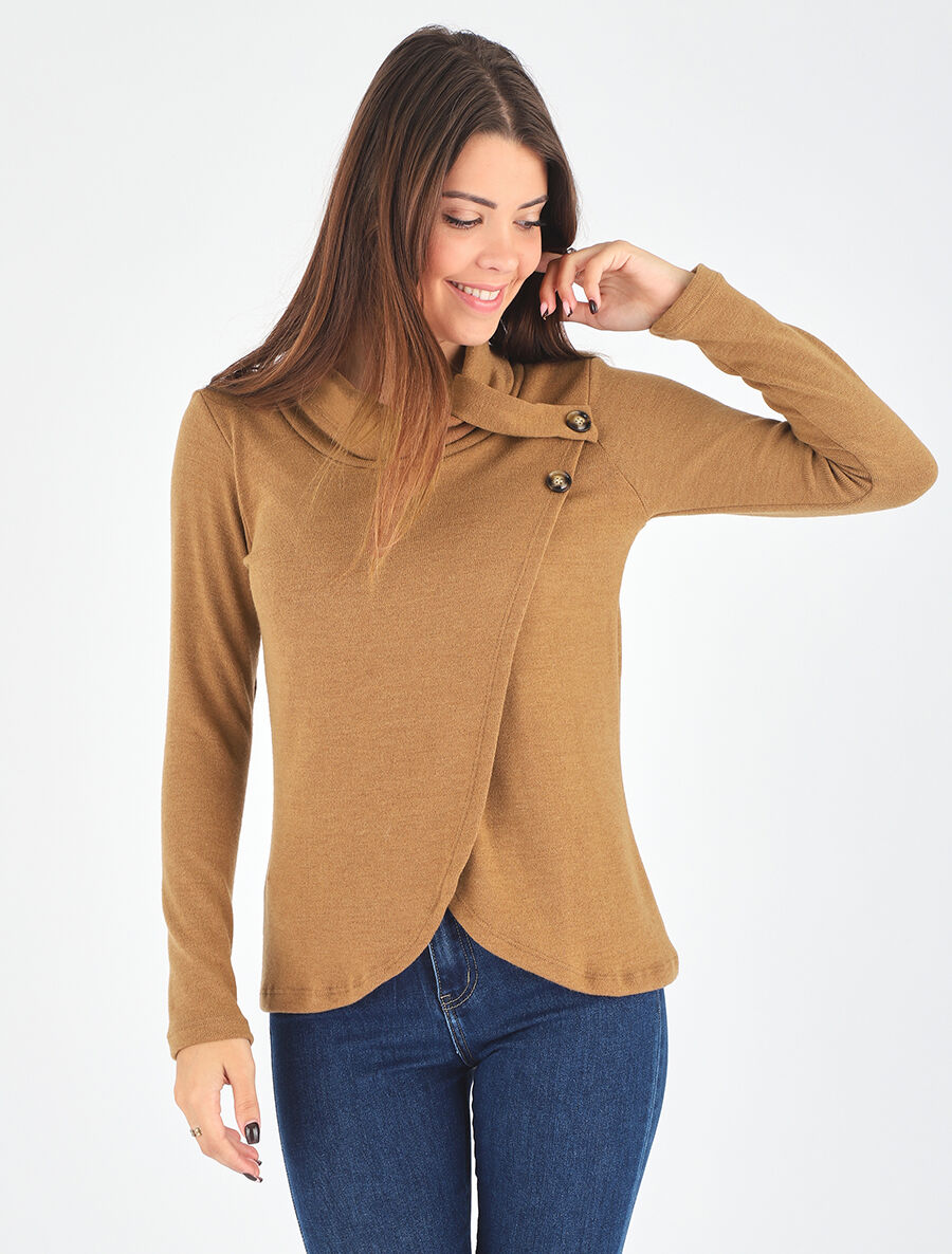 Pull droit col roulé et boutons - Camel - 4