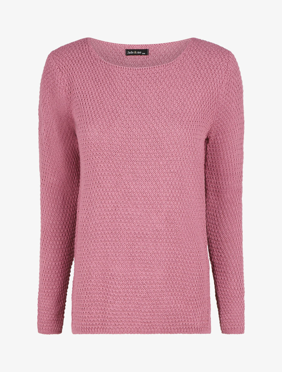 Pull uni en maille à col rond - Rose - 1