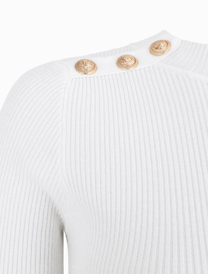 Pull fin côtelé et boutons décoratifs - Blanc - 3