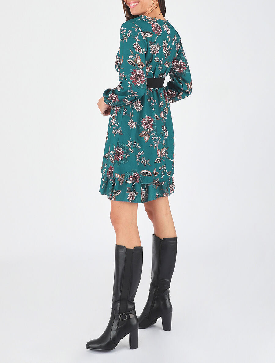 Robe volantée à imprimé fleuri - Bleu canard - 2