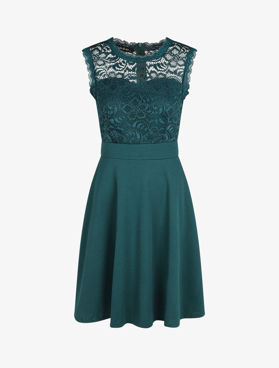 Robe uni à bustier en dentelle - Bleu canard - 1