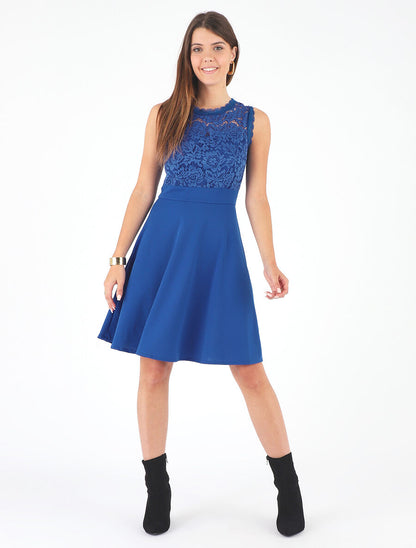 Robe uni à bustier en dentelle - Bleu royal - 4