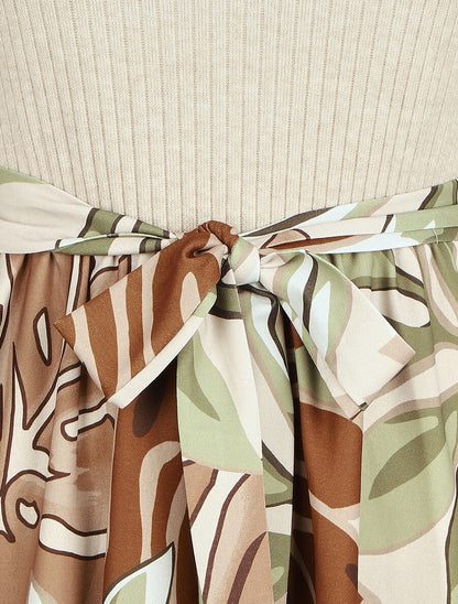 Robe fluide bi-matière imprimé fleuri - Beige - 3