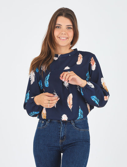 Blouse à imprimé plume - Marine - 4
