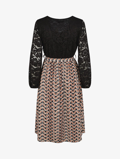 Robe évasée dentelle et imprimé graphique - Noir - 2