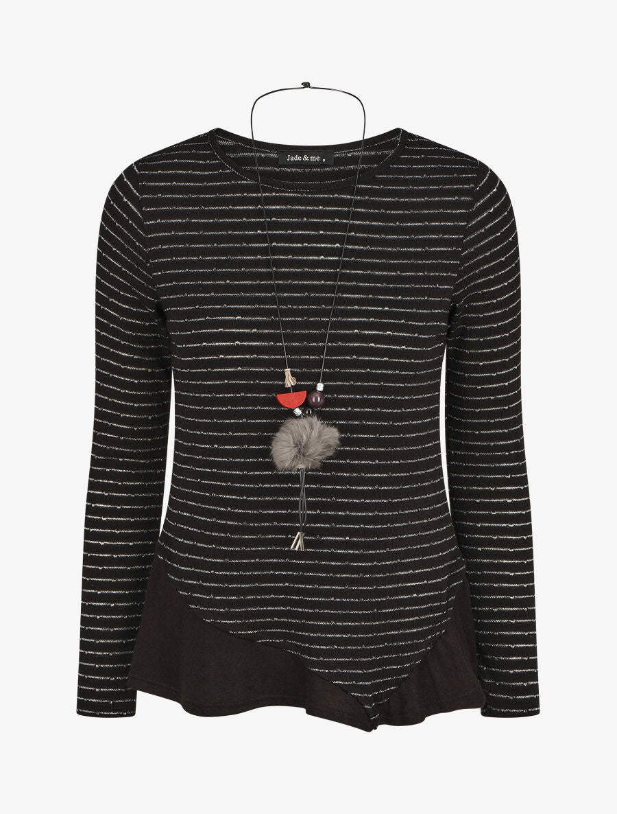 Pull droit rayé bords à volants - Noir - 1