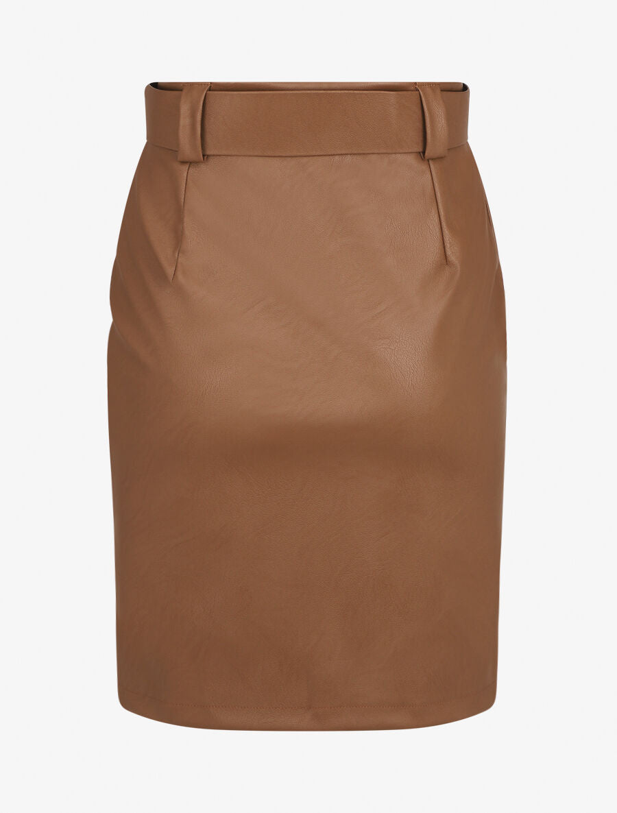 Jupe ajustée taille haute en simili - Marron - 2