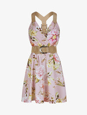 Robe patineuse courte imprimé fleuri à bretelles stylisées - Rose - 1