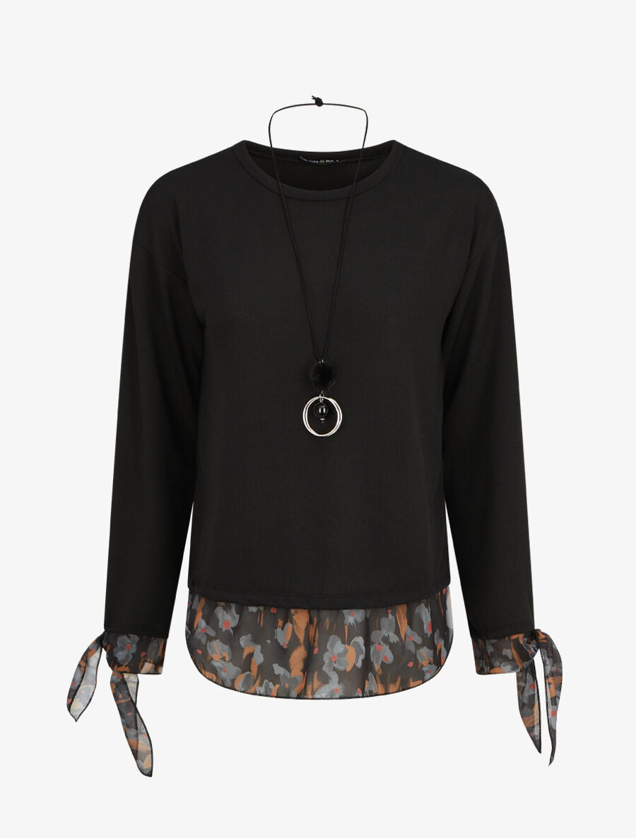 Pull fin bi-matière à imprimé fleuri - Noir - 1