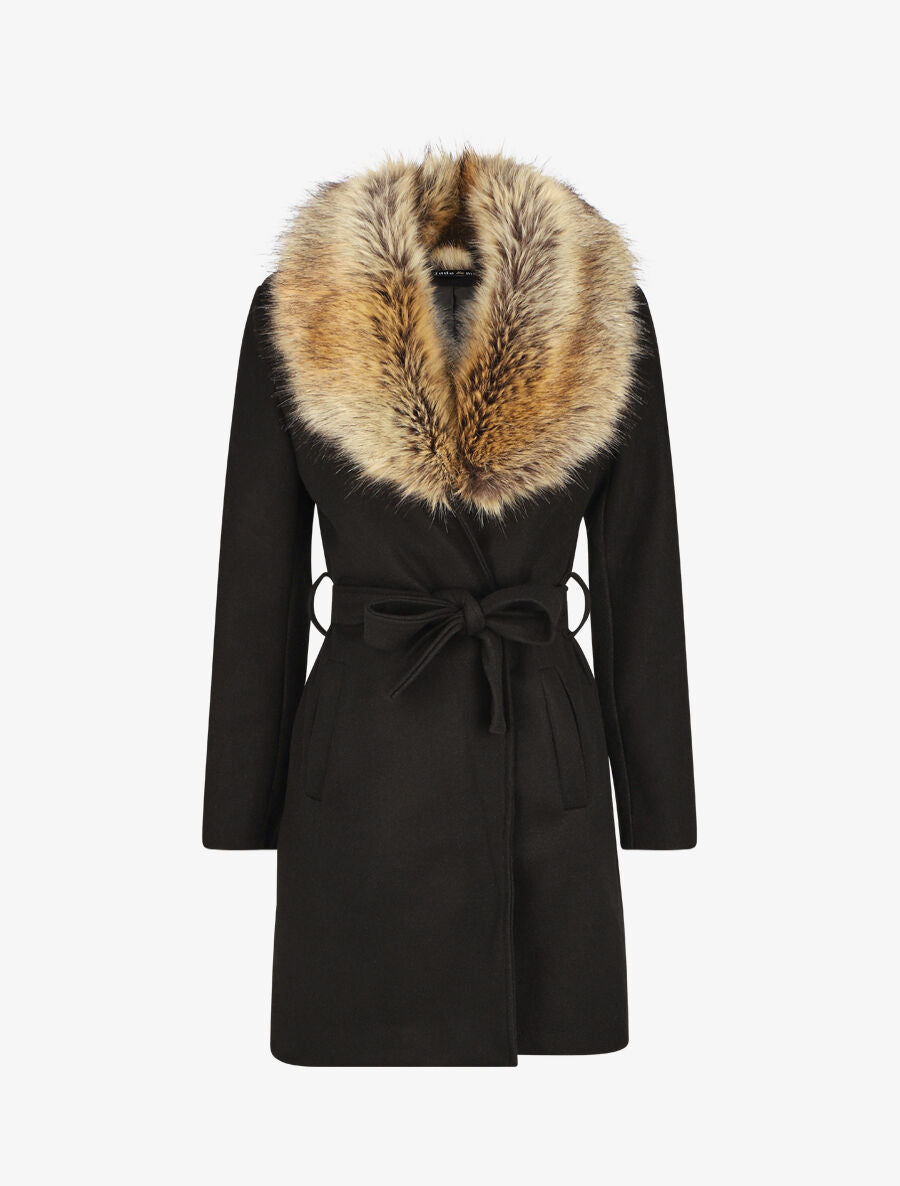 Manteau long col en fourrure - Noir - 4