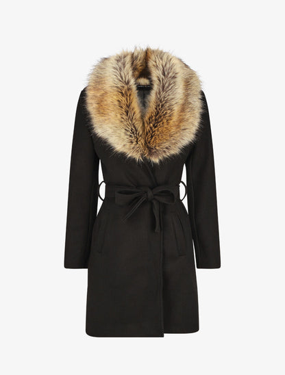Manteau long col en fourrure - Noir - 4