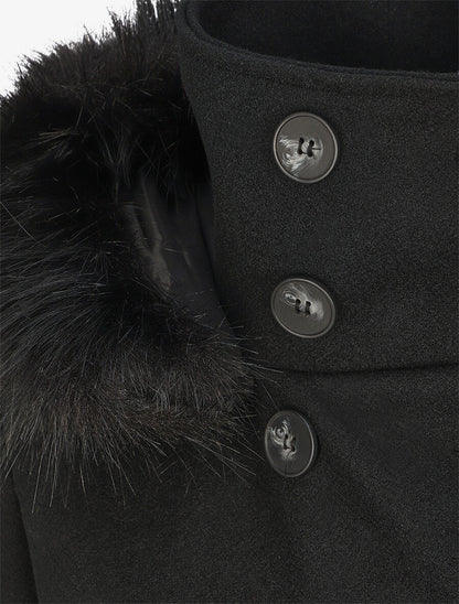 Manteau long capuche à fourrure - Noir - 3