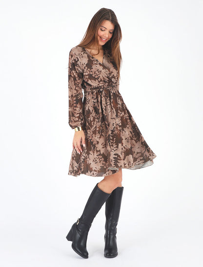 Robe mi-longue imprimé floral coupe évasée - Marron - 4