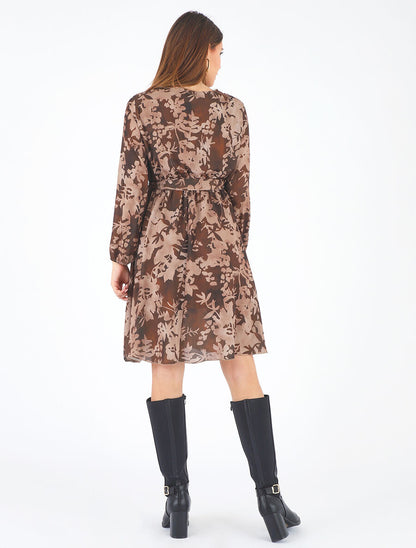 Robe mi-longue imprimé floral coupe évasée - Marron - 5