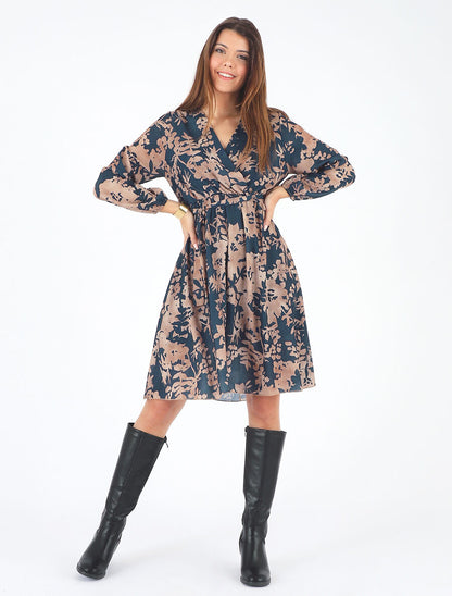 Robe mi-longue imprimé floral coupe évasée - Marine - 4